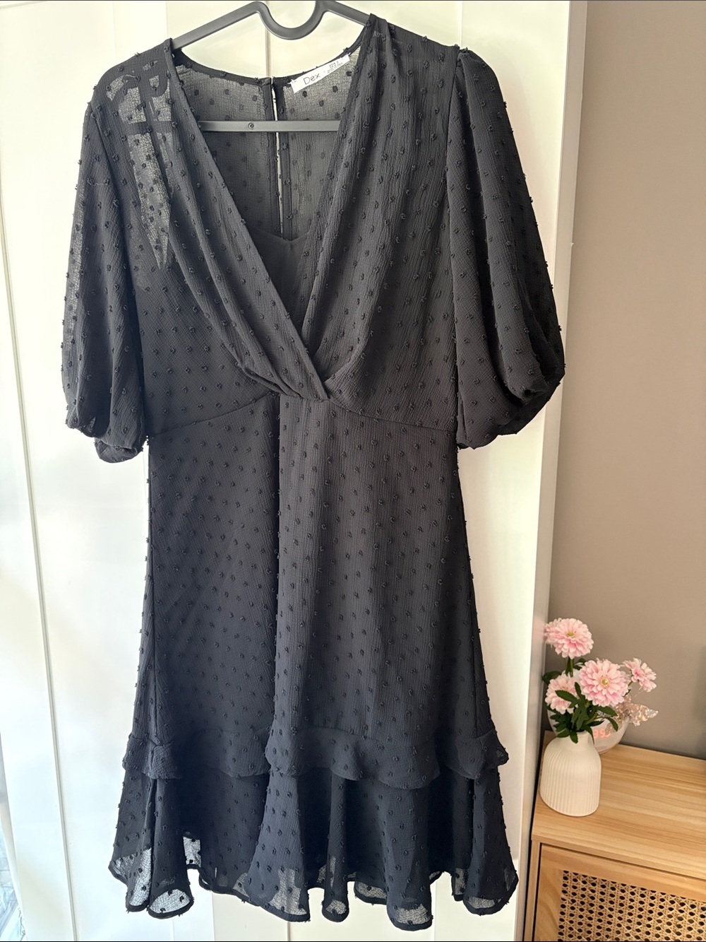 Dex Black Midi Dress with Swiss Dot Texture